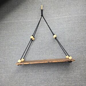 Boho Hanging Wood Wall Shelf Black Cord Natural Beads Rustic Floating Swing